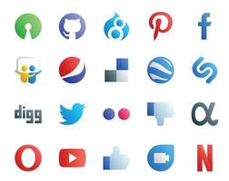 pack de 20 icônes de médias sociaux, y compris l'application youtube net google earth n'aime pas le tweet vecteur