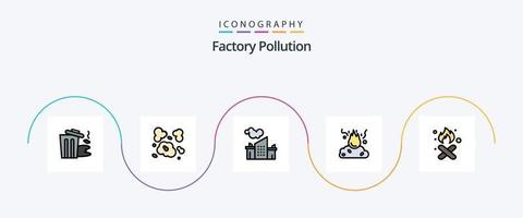 ligne de pollution d'usine remplie de pack d'icônes plat 5 comprenant. pollution. usine. ordures. brûler vecteur