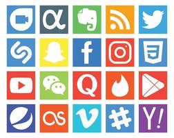 Pack de 20 icônes de médias sociaux, y compris la vidéo Tinder Quora Facebook Messenger vecteur
