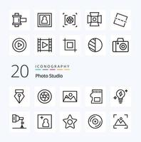 20 pack d'icônes de ligne de studio photo comme la carte sd de stockage de paysage de données lumineuses vecteur
