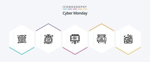 pack d'icônes cyber monday 25 lignes avec remise. caméra. conseil. annonce de vente. conseil vecteur