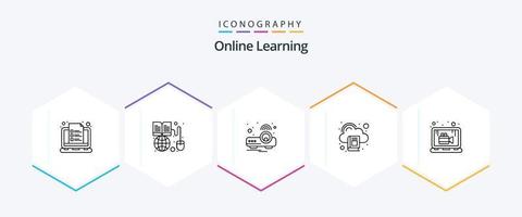 pack d'icônes d'apprentissage en ligne de 25 lignes comprenant un livre. éducation. mondial. nuage. projecteur vecteur