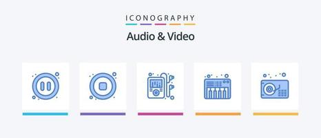 pack d'icônes audio et vidéo bleu 5 comprenant. gramophone. mp multimédia. l'audio. piano. conception d'icônes créatives vecteur