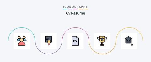 cv curriculum vitae ligne remplie plat 5 pack d'icônes comprenant. chapeau de remise de diplôme. lycée. l'obtention du diplôme. trophée vecteur