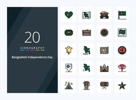 20 icône remplie de ligne du jour de l'indépendance du bangladesh pour la présentation vecteur