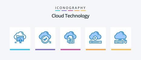 pack d'icônes bleues de la technologie cloud 5, y compris le lecteur. vidéo. nuage. document. copie. conception d'icônes créatives vecteur