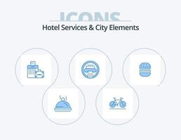 services hôteliers et éléments de la ville pack d'icônes bleues 5 conception d'icônes. Burger. décoration. bagage. bâtiment. colonne vecteur