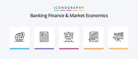 pack d'icônes de la ligne 5 de la finance bancaire et de l'économie de marché, y compris la sécurité. bouclier. comptabilité. rapport. calcul. conception d'icônes créatives vecteur