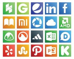 Pack de 20 icônes de médias sociaux, y compris path yelp icloud disqus adidas vecteur