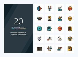 20 éléments commerciaux et symboles métaphores icône remplie de ligne pour la présentation vecteur