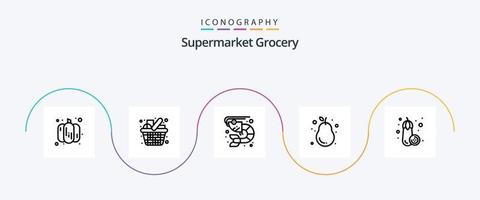 pack d'icônes de la ligne d'épicerie 5, y compris l'aubergine. poire. poisson. goyave. avocat vecteur