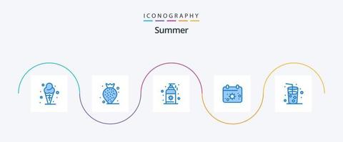 pack d'icônes bleu d'été 5 comprenant. boire. crème solaire. plage. date vecteur