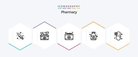 pack d'icônes pharmacie 25 lignes comprenant des médicaments. drogues. calendrier. capsule. à base de plantes vecteur