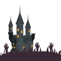Château hanté d'halloween avec zombie mains