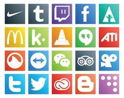 pack de 20 icônes de médias sociaux, y compris les médias de messagerie de voyage wechat grooveshark vecteur