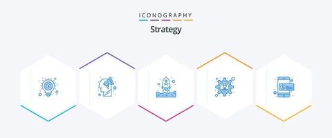 stratégie 25 pack d'icônes bleues, y compris le dollar. Solution d'entreprise. engrenage. en haut vecteur