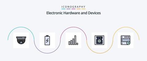 ligne d'appareils remplie de pack d'icônes plat 5, y compris le serveur. dur. électrique. conduire. signal vecteur