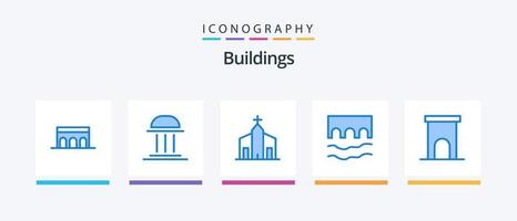 pack d'icônes de 5 bâtiments bleus, y compris historiques. pont. colonne. monastère. église. conception d'icônes créatives vecteur