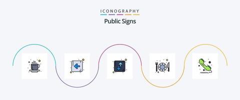 ligne de panneaux publics remplie de pack d'icônes plat 5, y compris public. appel. direction. restaurant. nourriture vecteur