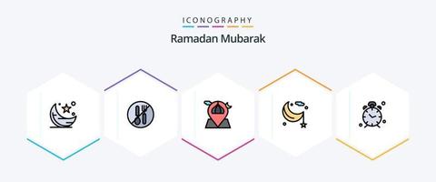 pack d'icônes ramadan 25 fillline, y compris lunaire. lune. cuillère. carte. lune vecteur