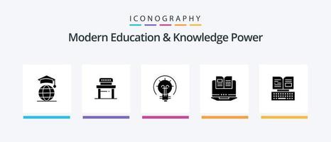 pack d'icônes glyphe 5 de l'éducation et de la connaissance modernes, y compris le clavier. matériel. ampoule. livre. ordinateur portable. conception d'icônes créatives vecteur