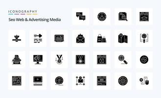 pack d'icônes de glyphe solide de 25 médias web et publicitaires seo vecteur