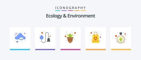 pack d'icônes plat 5 écologie et environnement, y compris les feuilles. électricité. croissance. sac. radiation. conception d'icônes créatives vecteur