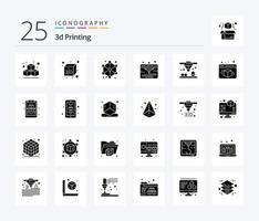 impression 3d pack d'icônes de 25 glyphes solides, y compris le presse-papiers. cube. webd. boîte. frittage laser vecteur