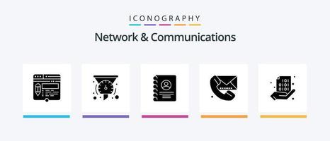 pack d'icônes réseau et communications glyphe 5, y compris la communication. contact. compteur de vitesse. appel. utilisateur. conception d'icônes créatives vecteur
