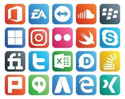 pack de 20 icônes de médias sociaux, y compris tweet fiverr blackberry chat swift vecteur
