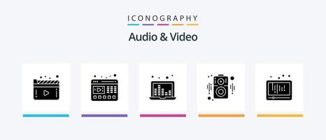 pack d'icônes audio et vidéo glyphe 5, y compris la lecture. l'audio. ordinateur portable. conférencier. l'audio. conception d'icônes créatives vecteur