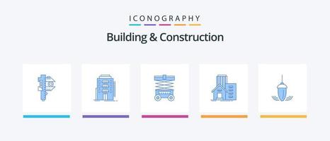 pack d'icônes bleues de construction et de construction 5, y compris réel. bâtiment. auberge. entrepôt. conception d'icônes créatives vecteur