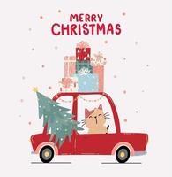 mignon chaton au volant d'une voiture rouge avec arbre de noël vecteur