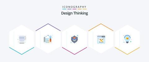 design thinking 25 pack d'icônes plates comprenant une ampoule. logiciel. cerveau. travail de conception. pensée vecteur