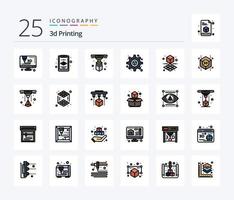 Pack d'icônes rempli de 25 lignes d'impression 3d, y compris la forme. cube. imprimante. 3d. impression vecteur
