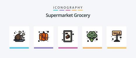 ligne d'épicerie remplie de 5 packs d'icônes, y compris l'aubergine. cuisine. fruit. achats. Chariot. conception d'icônes créatives vecteur