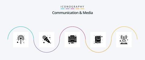 communication et média glyphe 5 pack d'icônes comprenant une antenne. lire. l'audio. bibliothèque. Didacticiel vecteur