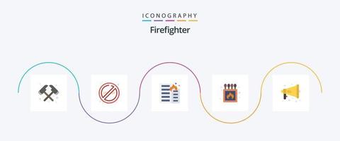 pack d'icônes plat 5 pompier comprenant un mégaphone. boîte. feu. correspondre. camping vecteur