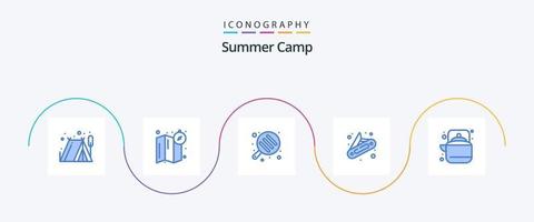 pack d'icônes de camp d'été bleu 5 comprenant. thé. poêle. pot. camping vecteur