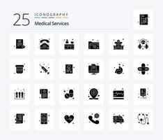 services médicaux pack d'icônes de 25 glyphes solides, y compris l'hôpital. dossier médical. accueil hospitalier. médical. dossier vecteur