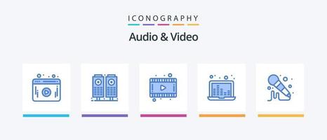 pack d'icônes audio et vidéo bleu 5 comprenant. son. vidéo. microphone. les ondes sonores. conception d'icônes créatives vecteur