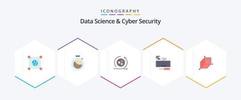 science des données et cybersécurité pack de 25 icônes plates, y compris la boîte. réparation. la modélisation. matériel. clé vecteur