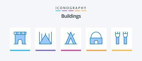 pack d'icônes de 5 bâtiments bleus, y compris le bâtiment du château. immobilier. camp. mosquée. monument historique. conception d'icônes créatives vecteur