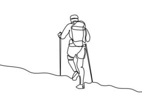 un dessin au trait de randonneur avec sac à dos. personne continue dessinée à la main faisant de la randonnée, marchant sur la colline. vecteur