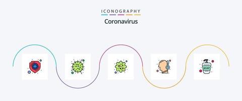 pack d'icônes plat rempli de 5 lignes de coronavirus, y compris le lavage des mains. fièvre. virus. froid. virus vecteur