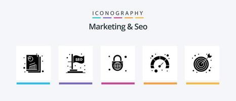 pack d'icônes marketing et seo glyph 5, y compris seo. vitesse. référencement. référencement. globe avec serrure. conception d'icônes créatives vecteur