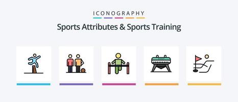 les attributs sportifs et la ligne d'entraînement sportif ont rempli un pack de 5 icônes, y compris la crosse. volley-ball. patin. filet. jeu. conception d'icônes créatives vecteur