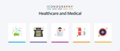 pack d'icônes plat médical 5, y compris les soins de santé. comprimés. liste de contrôle. pilules. plan. conception d'icônes créatives vecteur