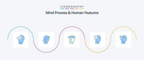 processus mental et caractéristiques humaines pack d'icônes bleu 5, y compris la tête. esprit. esprit. temps. pensée vecteur