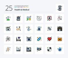 santé et médecine pack d'icônes rempli de 25 lignes, y compris l'assurance médicale. temps de repos. sang. dormir. lune vecteur